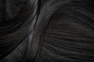 Brunette or black hair. Female long dark hair in black. Beautifully laid curls. Closeup texture in a dark key. Hairdressing, hair care and coloring. Shading gray hair. Background with copy space.