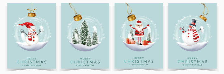 Set of Christmas and New Year greeting card with transparent christmas balls with Santa Claus, snowmans, snow, gifts and fir trees, isolated on white background.