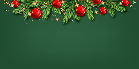 Christmas and New Year background with christmas balls, trees, ribbons, stars and confetti.	