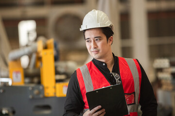 Portrait of Young man engineer holding clipboard wear white helmet in uniform standing at industrial space. male worker large industrial factory