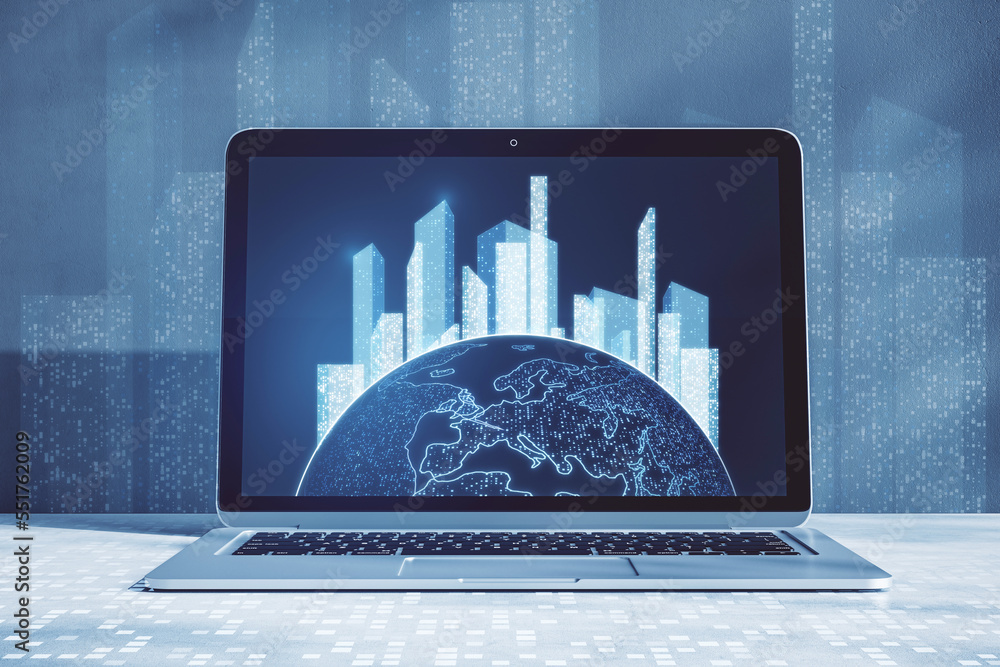 Aufkleber close up of laptop with glowing map and city hologram on blurry background. abstract metaverse virtu