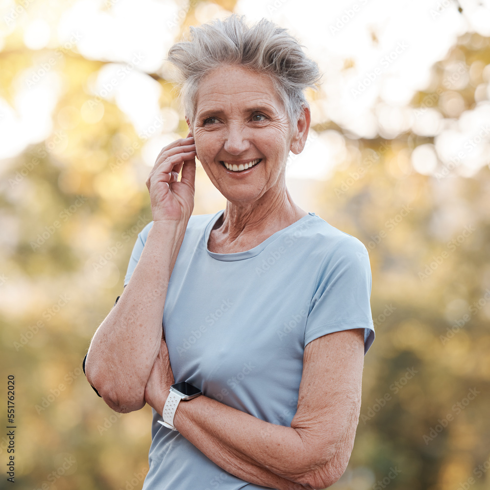 Poster Senior woman, happy and smile for outdoor exercise, healthy fitness workout and lifestyle motivation in nature park. Elderly person, happiness and cardio wellness training with bokeh background