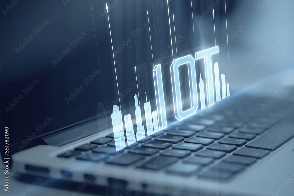 Poster close up of laptop keyboard with creative glowing digital mesh city and iot hologram on blurry backg