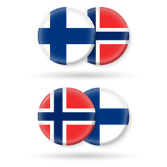 Norway and Finland circle flags. 3d icon. Round Finnish and Norwegian national symbols. Vector illustration.