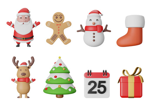 3d illustration Christmas icons set on transparent background