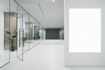 Fototapeta na wymiar Modern glass office corridor with blank mock up poster on wall, furniture and concrete flooring. 3D Rendering.