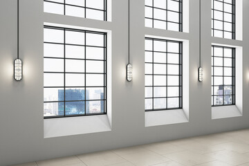 Modern spacious light hallway interior with panoramic windows, city view, lamps and reflections on floor. 3D Rendering.