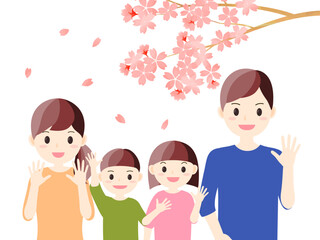 春の桜の下で笑顔でお花見を楽しむ家族のイラスト