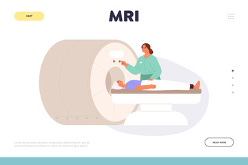MRI concept of landing page with nurse preparing man to magnetic resonance imaging