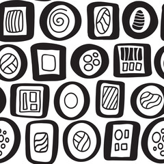 hand drawn abstract geometric sushi doodle Stylized seamless pattern background. Asian food black and white backdrop, wallpaper, print. repeat texture.