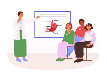 Medical school lecture. Professor or doctor at board student class teach stomach anatomy, diseases