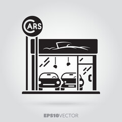 Car dealership glyph icon. Cute little automobiles storefront symbol. Solid black EPS 10 vector showroom building.