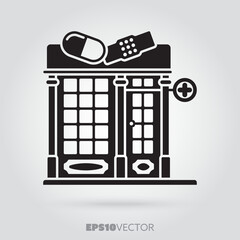 Drug store glyph icon. Cute little pharmacist storefront symbol. Solid black EPS 10 vector shop building.