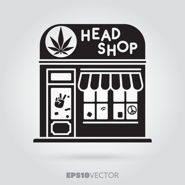 Head shop glyph icon. Cute little headshop storefront symbol. Solid black EPS 10 vector shop building.
