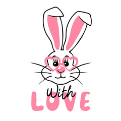 With love. Hand drawn cute rabbit with heart shaped glasses. Funny bunny. Holiday design. Vector illustration