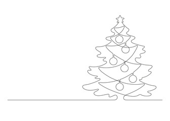 Christmas fir tree with decoration ball and garland, continuous one line drawing silhouette. Spruce for holidays Christmas and new year in outline minimalist style. Vector illustration