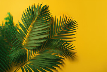 Tropical green palm leaves laid flat on a yellow copy space backdrop. minimal summer nature idea. Generative AI