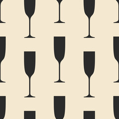Glasses of champagne seamless pattern. Black icons on beige background. Best for textile, bar decoration, wallpapers, wrapping paper, package and web design.