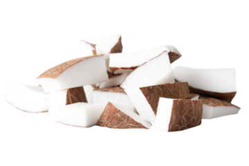 Sliced ripe coconut pieces isolated on transparent background.