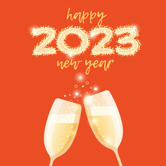 Happy New Year 2023 Background Design.Golden numbers with sparkling champagne.Greeting Card, Banner, Poster. Glasses with champagne illustration. Shiny golden background.High quality illustration.