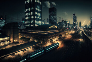 Fototapeta premium Tokyo's commercial center and railway station at night in Japan.. Generative AI