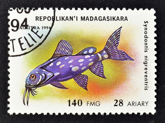 Cancelled postage stamp printed by Madagascar, that shows Upside-down Catfish (Synodontis...