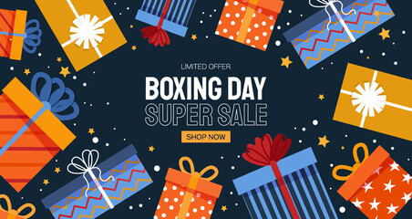 Boxing Day Concept. Different gift boxes for Santa Claus presents. Happy New Year. Winter holidays. Flat style