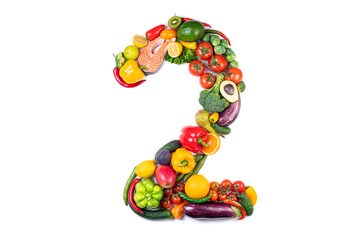 Fototapeta na wymiar Number 2 made of healthy food. Healthy eating of vegetables, fruits and fish on white background. Food number 2 two isolated on white. Healthy food, balanced, food trends, sustainable concept