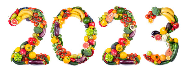 New year 2023 made of fruits and vegetables, fish. Healthy food. New year 2023 food trends. 2023 eating, diet, organic concept