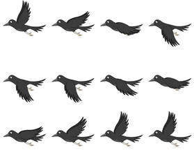 Crow Flying 2D animation poses.Best for video games and animations