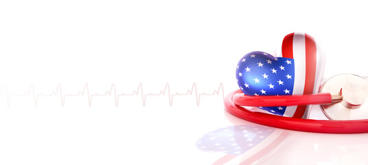 Stethoscope with America flag heart for American Heart Month campaign, cardiovascular health, Heart...