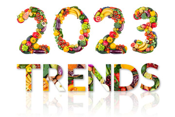 New year 2023 made of fruits and vegetables, fish. Healthy food. New year 2023 food trends. 2023 eating, diet, organic concept