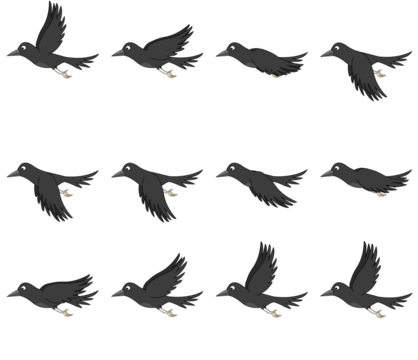 Crow Flying 2D animation poses.Best for video games and animations