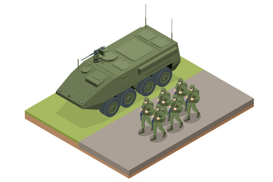Isometric soldiers walk near an armored personnel carrier. Special force crew. Military concept for army, soldiers and war. Infantry fighting vehicle. BMP, fire support and transportation of personnel