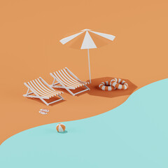 Flat lay of beach chairs with inflatable ring and umbrella, 3d render of summer concept.