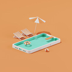 isometric of beach chairs with inflatable ring and umbrella on smartphone, 3d render of summer concept.