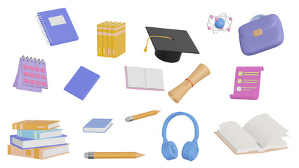 Collage with 3d education and social media icons for universities and schools. Realistic 3d...