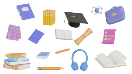 Collage with 3d education and social media icons for universities and schools. Realistic 3d high-quality isolated. 3d render