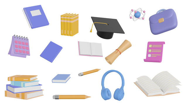 Collage with 3d education and social media icons for universities and schools. Realistic 3d high-quality isolated. 3d render