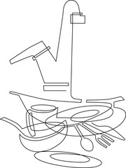 Stack of unwashed dishes. Dishes in the kitchen sink. Water faucet. Continuous line drawing. Vector illustration