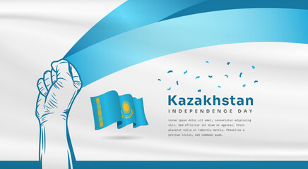 Banner illustration of Kazakhstan independence day celebration with text space. Waving flag and hands clenched. Vector illustration.