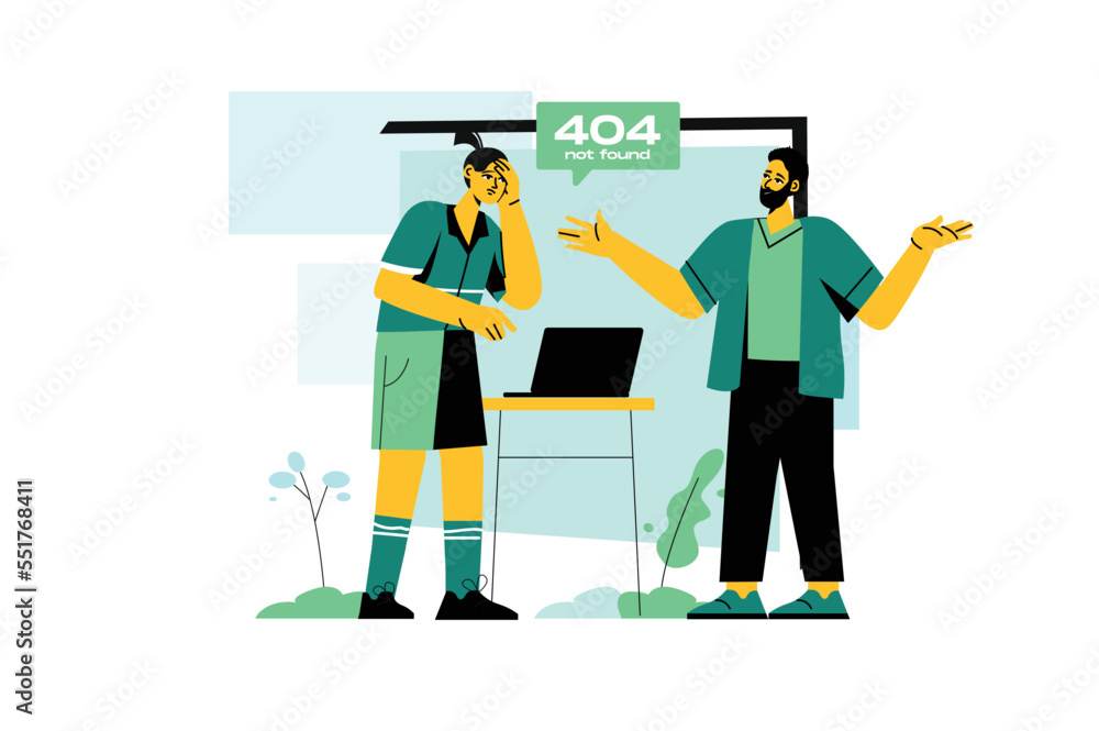 Aufkleber 404 not found green concept with people scene in the flat cartoon style. two programmer cannot under