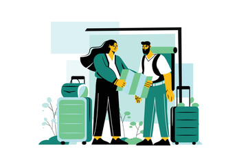Travel green concept with people scene in the flat cartoon design. Woman shows the man the place on the map where they will go on a trip. Vector illustration.