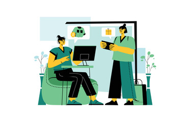 Online shopping green concept with people scene in the flat cartoon style. Two friends rests together and choose new clothes on the online store. Vector illustration.