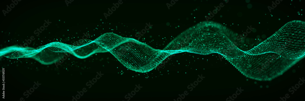 Poster 3D digital dynamic wave. Flow digital structure. Secure cybersecurity data connection. Cyber technology background. 3D rendering.
