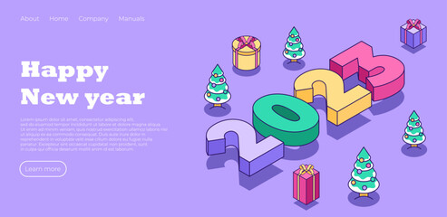 Happy New Year 2023 landing page. Christmas tree in cute minimalistic style. Creative concept for banner, flyer, cover, social media, design web page. Vector illustration concept