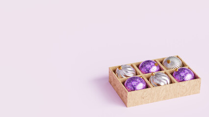 Christmas toy box in silver and lavender colors, Merry Christmas, 3D render