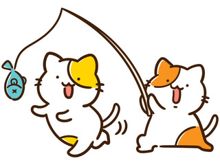 魚を目の前にぶら下げて誘導するかわいいねこのイラスト