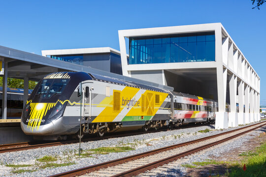 Brightline private inter-city rail train at West Palm Beach railway station in Florida, United States