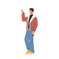 Happy Male Character Waving Hand, Young Man in Casual Clothes Show Welcome Gesture, Cheerful Gesturing, Greetings